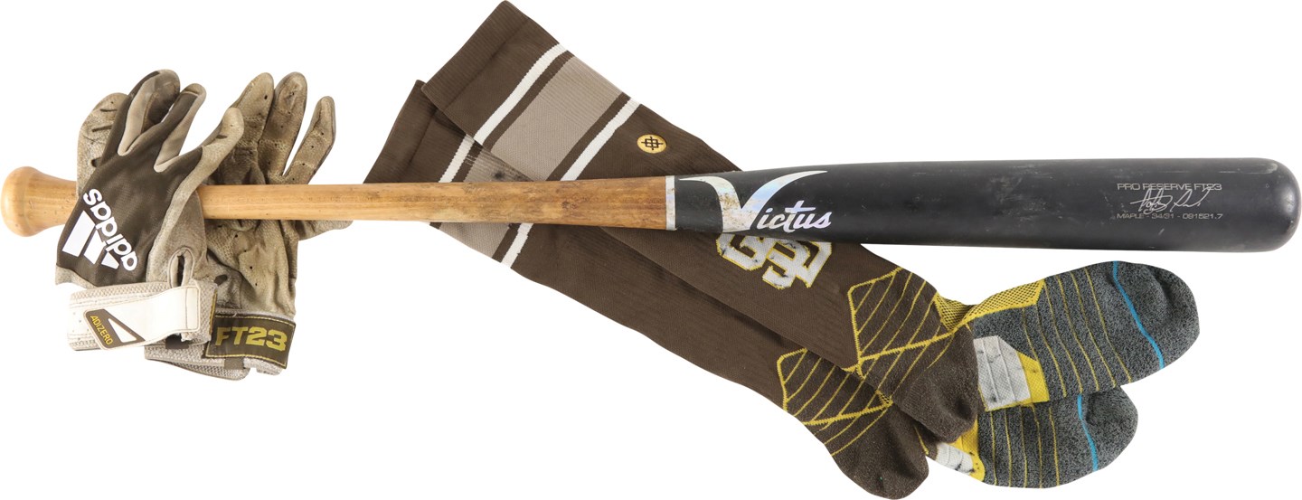 Baseball Equipment - 2021 Fernando Tatis San Diego Padres Game Used Bat, Socks & Batting Gloves