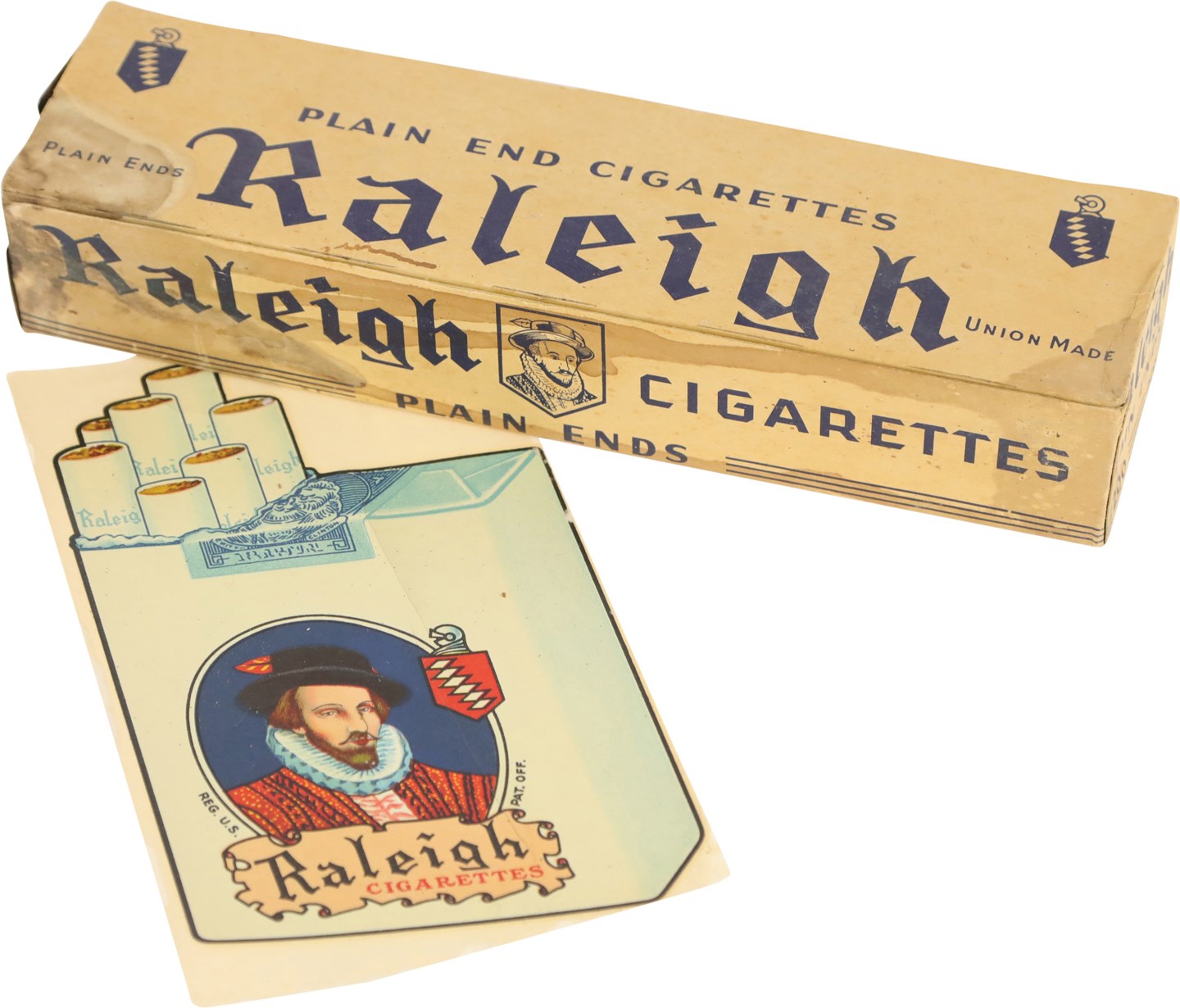 - 1944 WWII Raleigh Cigarettes Carton w/Original Store Advertising Decal