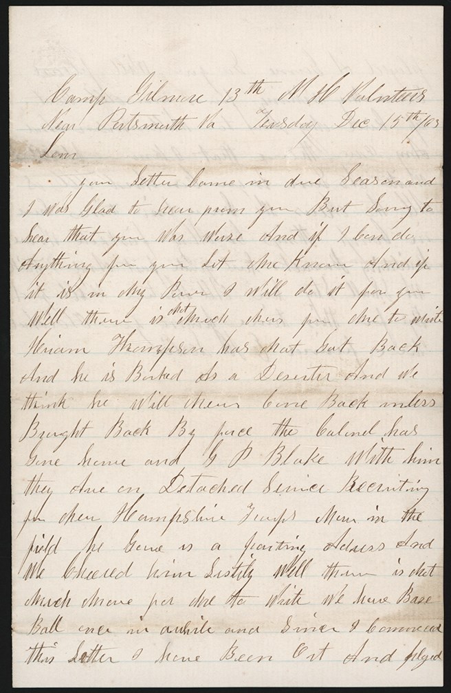 Baseball Memorabilia - 12/15/1863 Civil War Soldier Plays Baseball Handwritten Letter
