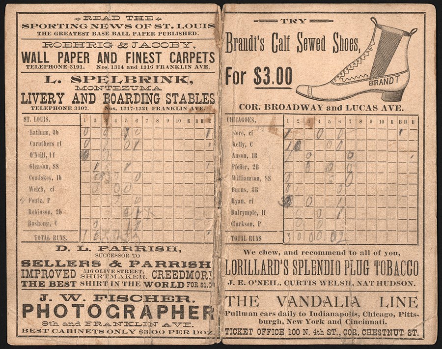 Baseball Memorabilia - 1886 World Series Program - Game 4 - St. Louis Browns vs. Chicago White Stockings - Earliest Known World Series Scorecard