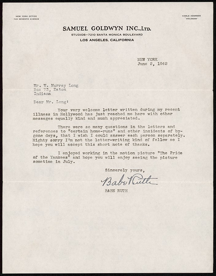 1942 Babe Ruth Signed "The Pride of the Yankees" Letter (PSA)