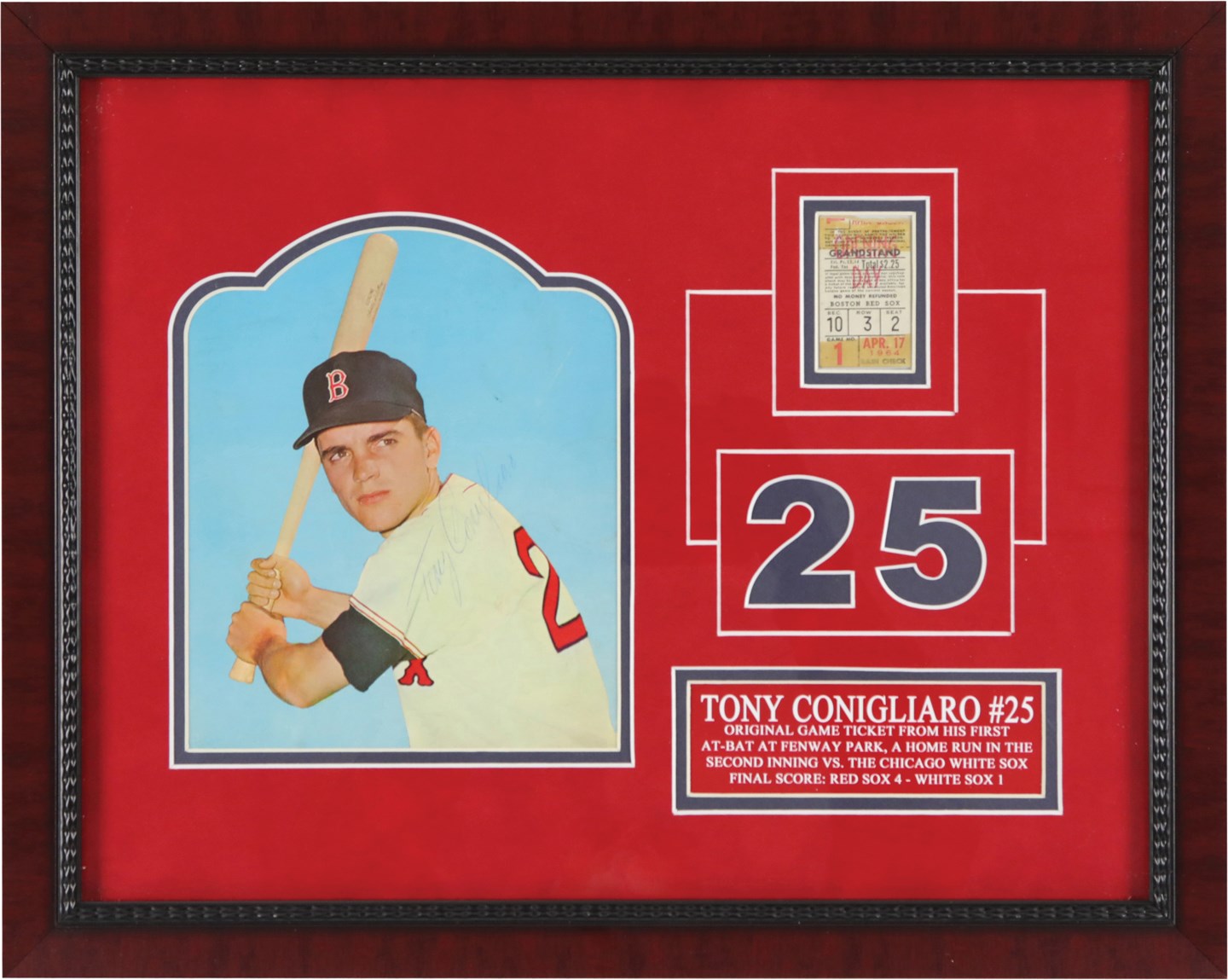 Tony Conigliaro Fenway Park Debut & 1st Home Run Ticket Stub with Signed Photo Display (PSA)
