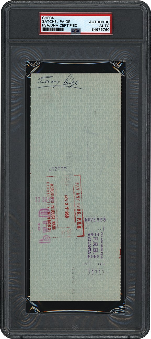 1968 Satchel Paige Signed "Payroll" Check from the Atlanta Braves