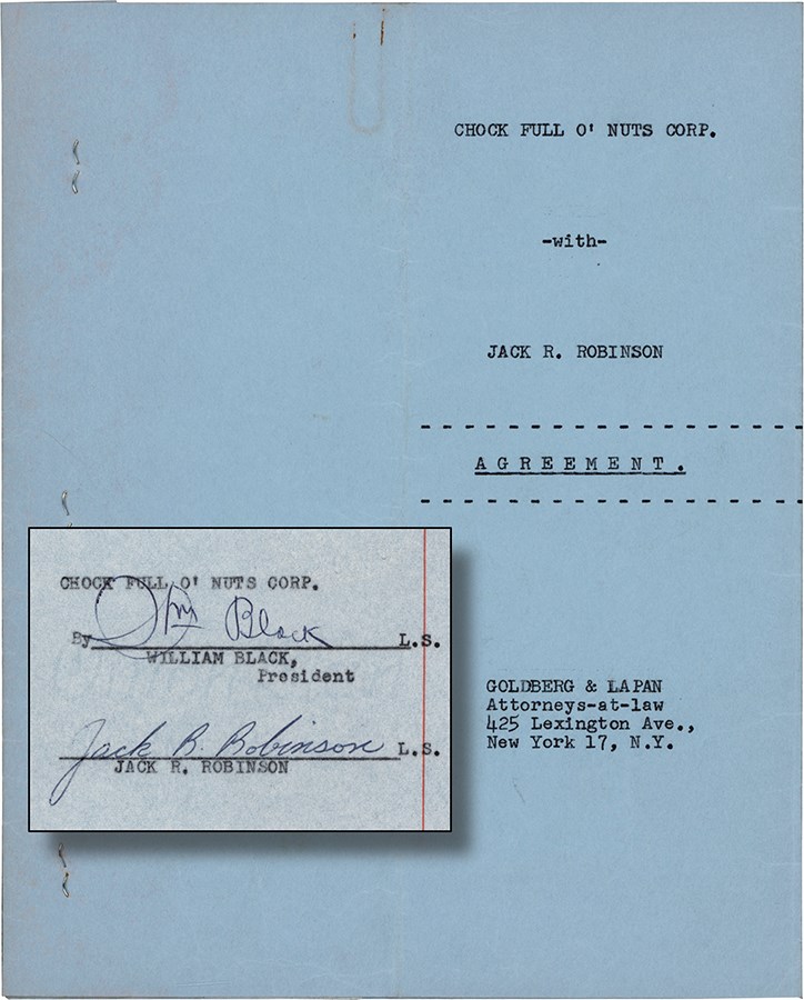 1956 Jackie Robinson Signed Chock Full O' Nuts Contract - Signed Prior to His Official Retirement (PSA)