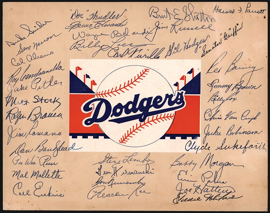 Jackie Robinson & Brooklyn Dodgers - Exceptional 1950 Brooklyn Dodgers Team-Signed Sheet with Robinson & Campanella (JSA)