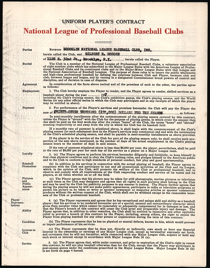 Jackie Robinson & Brooklyn Dodgers - 1957 Gil Hodges Signed Brooklyn Dodgers Contract - Last Season in Brooklyn (PSA)