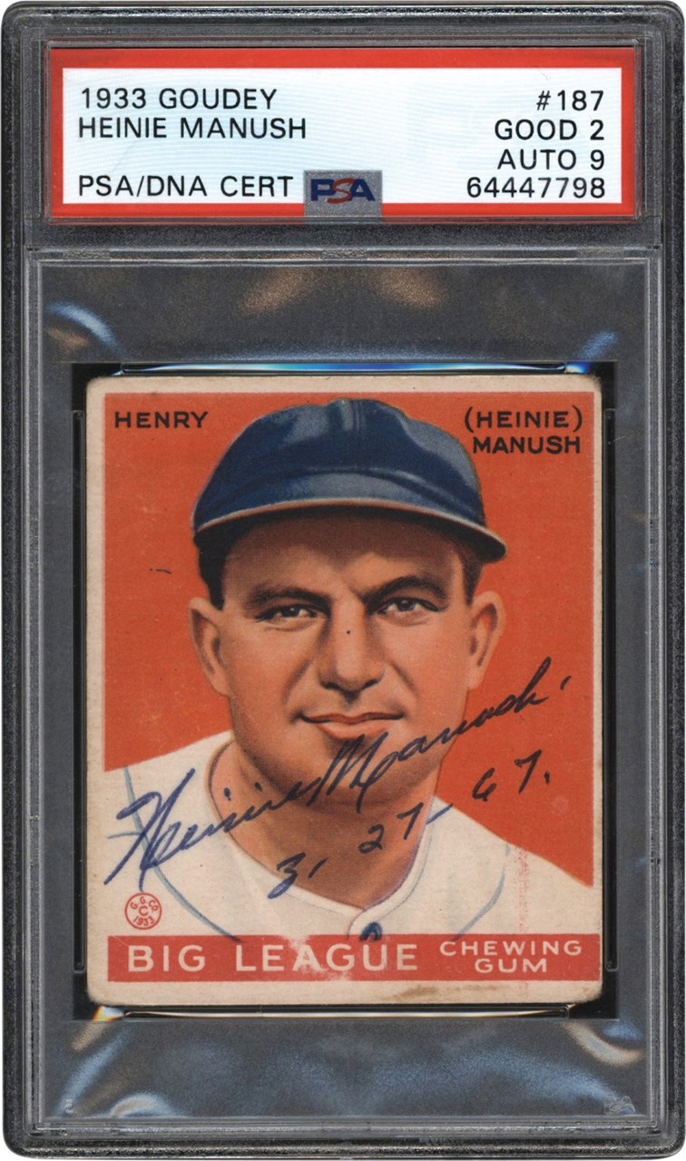 Baseball and Trading Cards - Signed 1933 Goudey #187 Heinie Manush PSA GD 2 Auto Mint 9