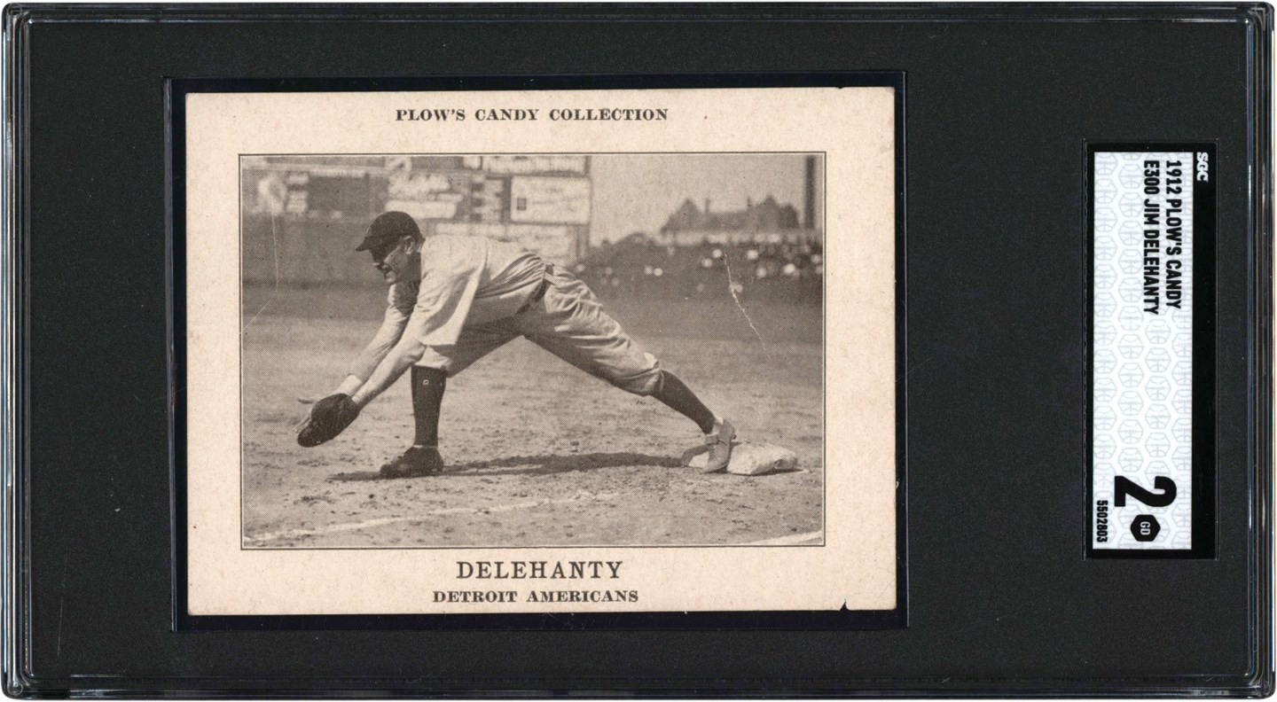 Baseball and Trading Cards - 1912 E300 Plow's Candy Jim Delehanty SGC GD 2 (Only Known Example!)