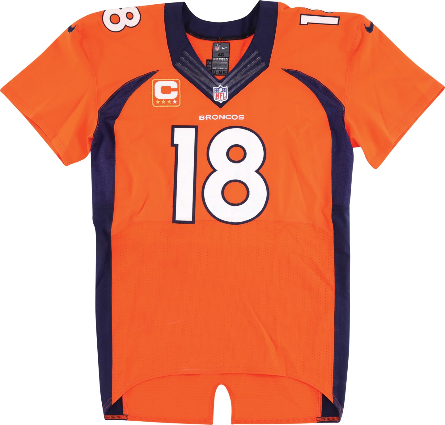 Football - storic 9/7/14 Peyton Manning Denver Broncos Game Worn Jersey - Surpasses 65,000 Passing Yards and Defeats All 32 NFL Teams (Davious Sports Photo-Matched LOA & Team LOA)