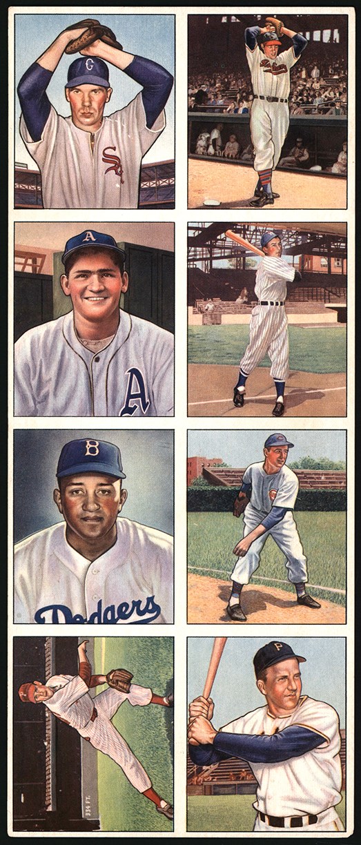 - 1950 Bowman Baseball Uncut 8 Card Panel w/Feller, Kiner, Roberts, & Newcombe