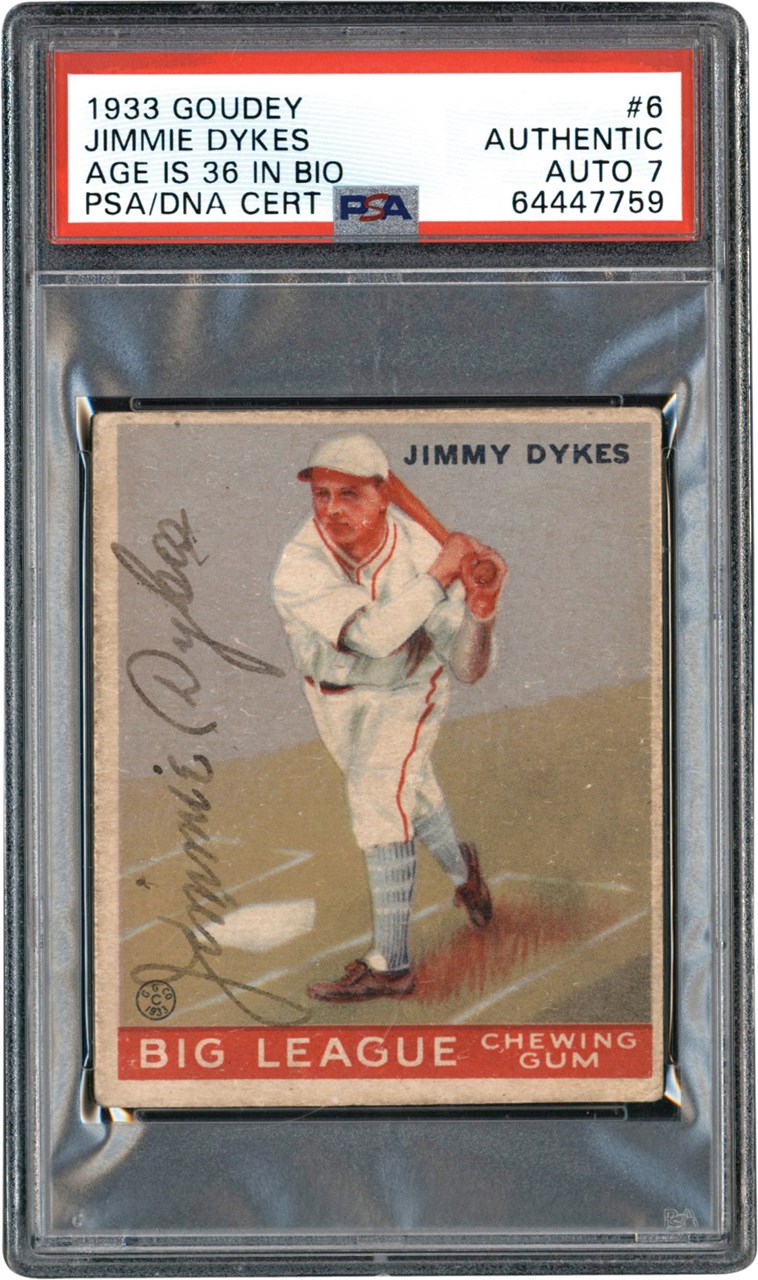 Signed 1933 Goudey #6 Jimmie Dykes-Age 36 in Bio PSA Authentic Auto 7