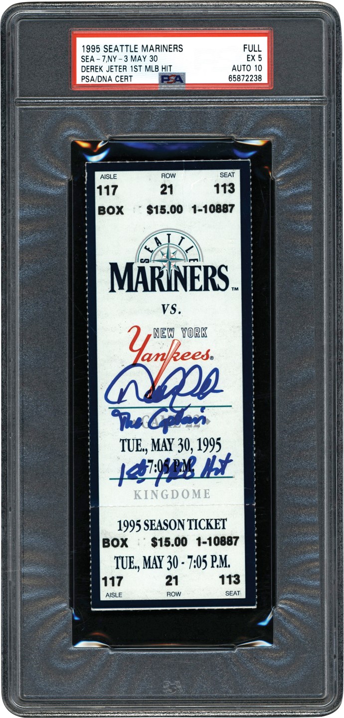 - 1995 Derek Jeter First Career Hit Signed Inscribed "The Captain - 1st MLB Hit" Full Ticket PSA EX 5 - Auto 10 (Only Known Example)