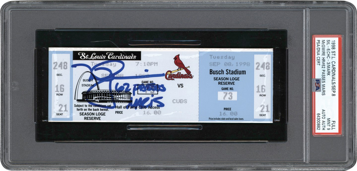 - 1998 Mark McGwire Signed 62nd Home Run Full Ticket - "Passes Maris" PSA MINT 9 (Pop 3 - None Higher)