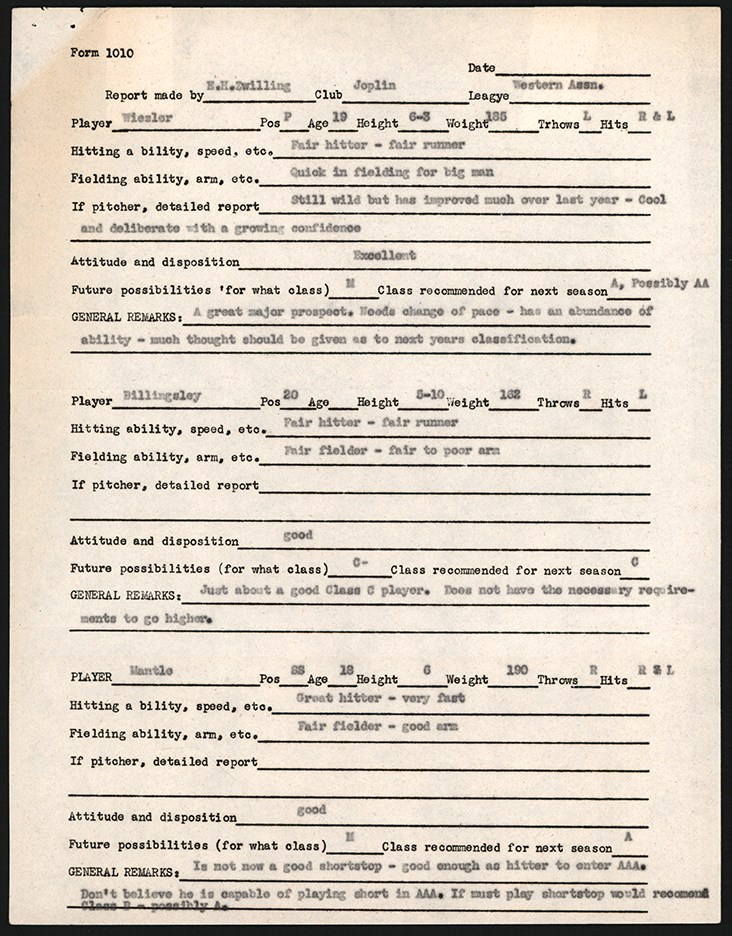 Mantle and Maris - 1950 Mickey Mantle Joplin Miners Official Scouting Report