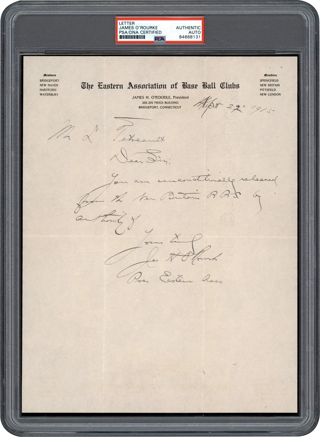 - Rare 1915 Jim O'Rourke Signed Handwritten Letter (PSA)