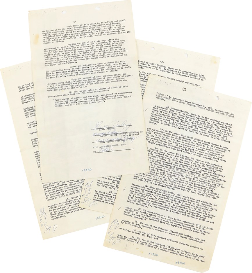 Rock And Pop Culture - 1955 Historically Significant Elvis Presley Signed Contract Rider with Hill and Range Songs