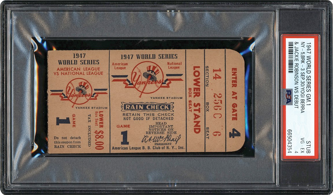 - 1947 World Series Game One Ticket Stub - Jackie Robinson First World Series Game PSA VG-EX 4