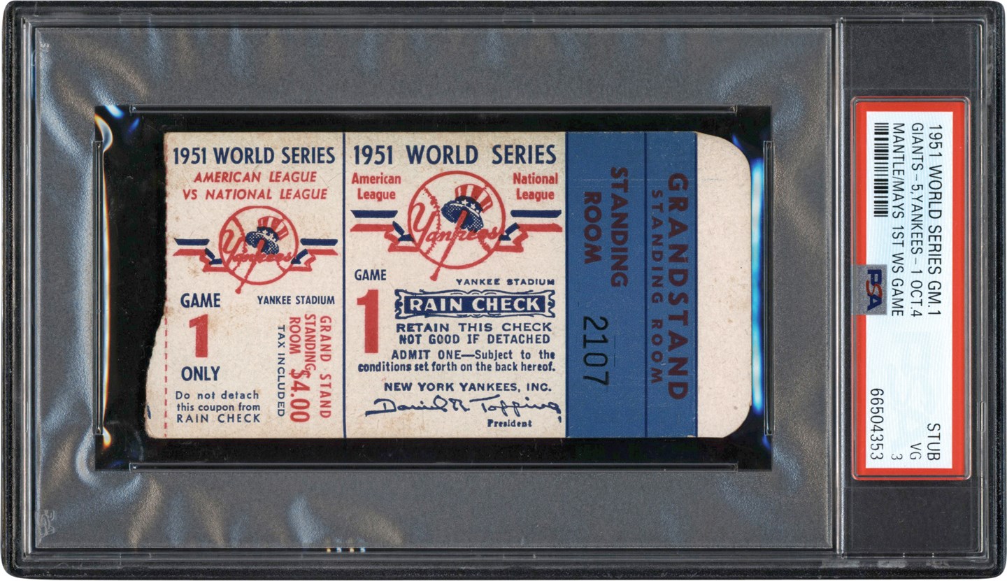 - 1951 World Series Game One Ticket Stub - Mantle & Mays 1st World Series Game PSA VG 3