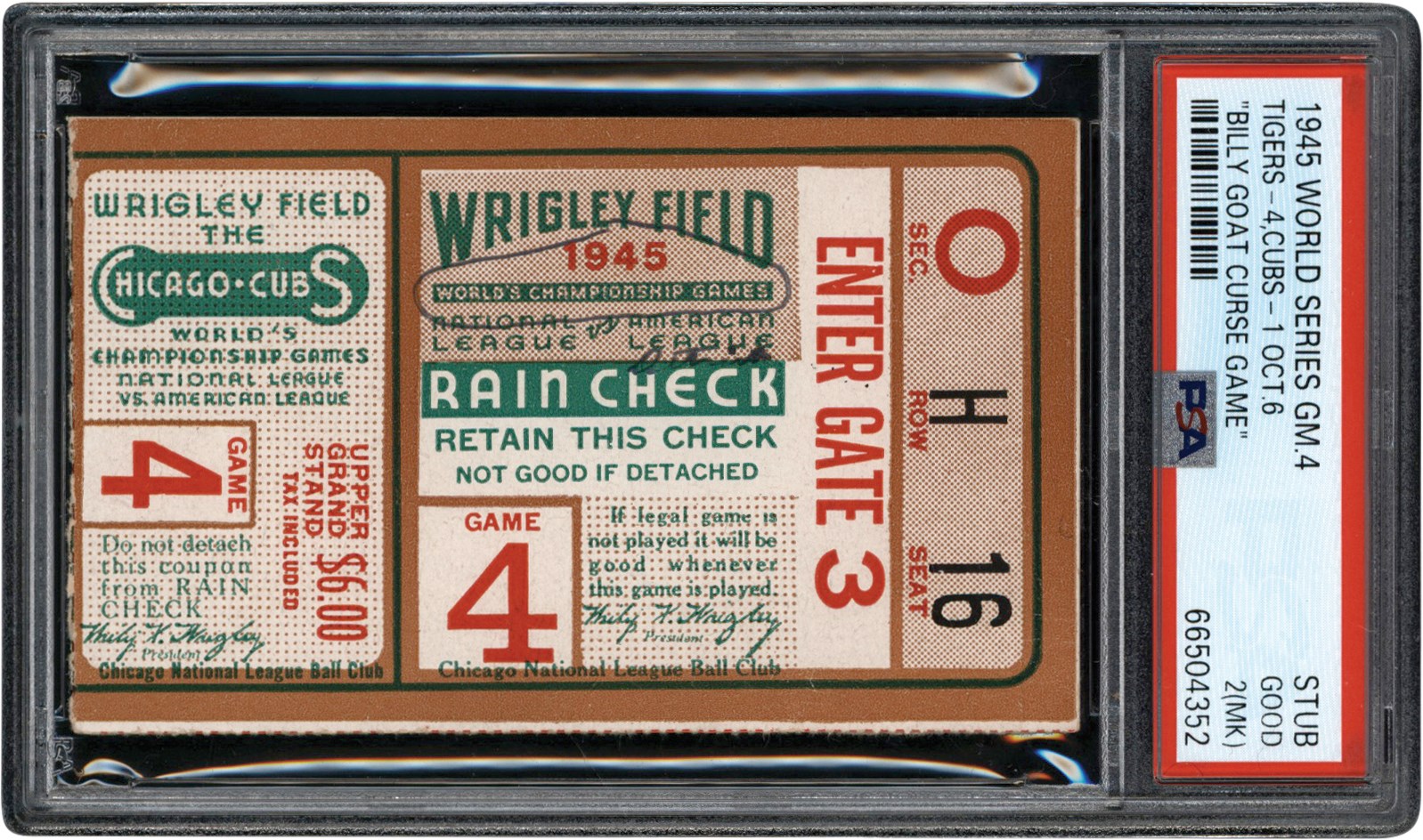 - 1945 World Series Game 4 Ticket Stub - Curse of the Billy Goat Game PSA GD 2 (MK)