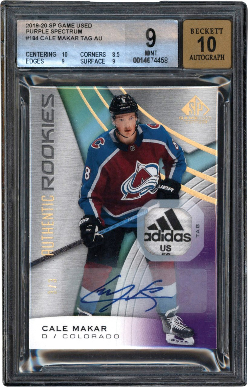 - 2019-2020 SP Game Used Hockey Purple Spectrum #184 Cale Makar Tag Patch Autograph Rookie Card #3/3 BGS MT 9 Auto 10 (Pop 1 of 1 Highest Graded)