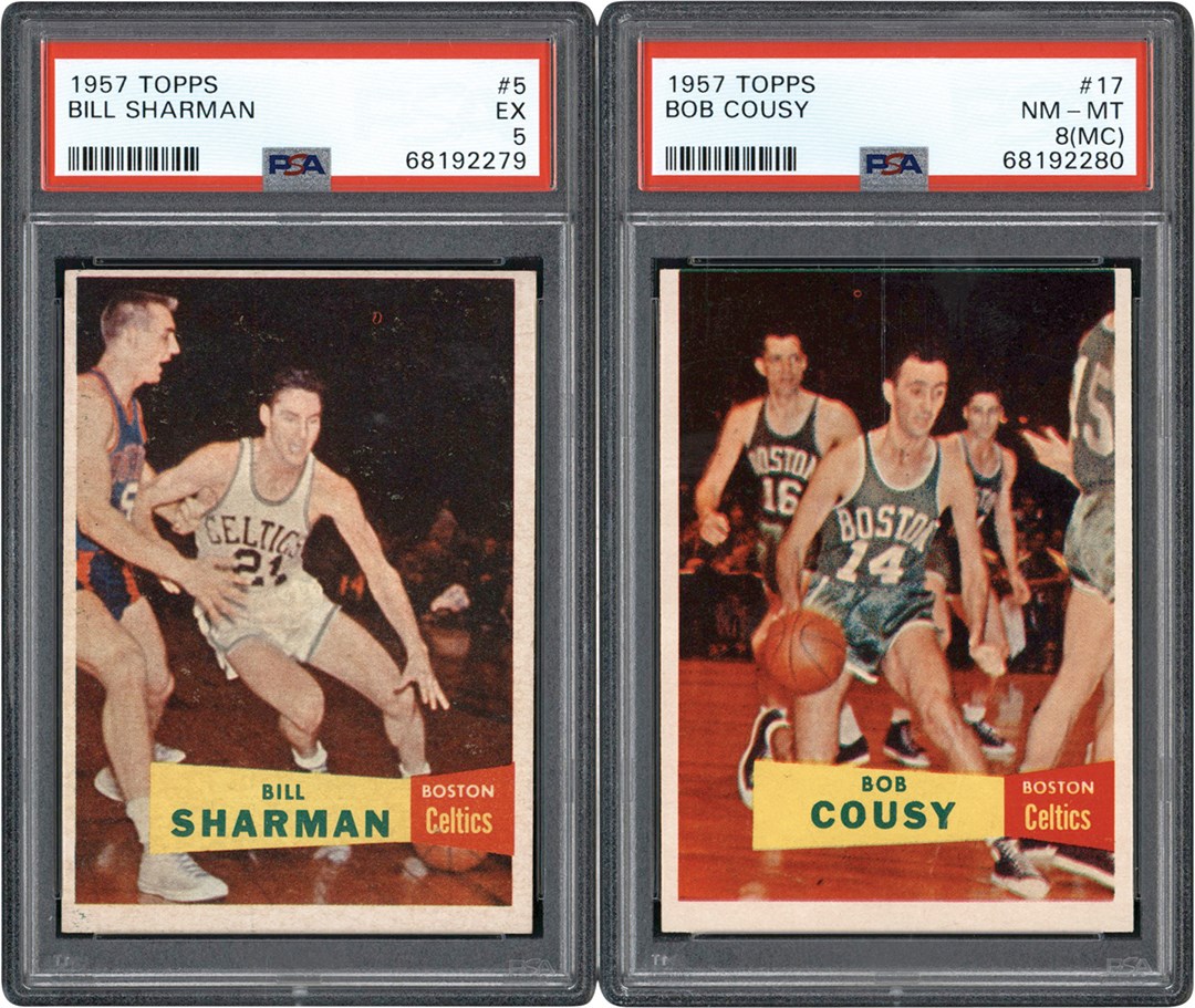 Basketball Cards - 1957 Topps Basketball Bob Cousy PSA 8 (OC) & Bill Sharman PSA EX 5 (2)