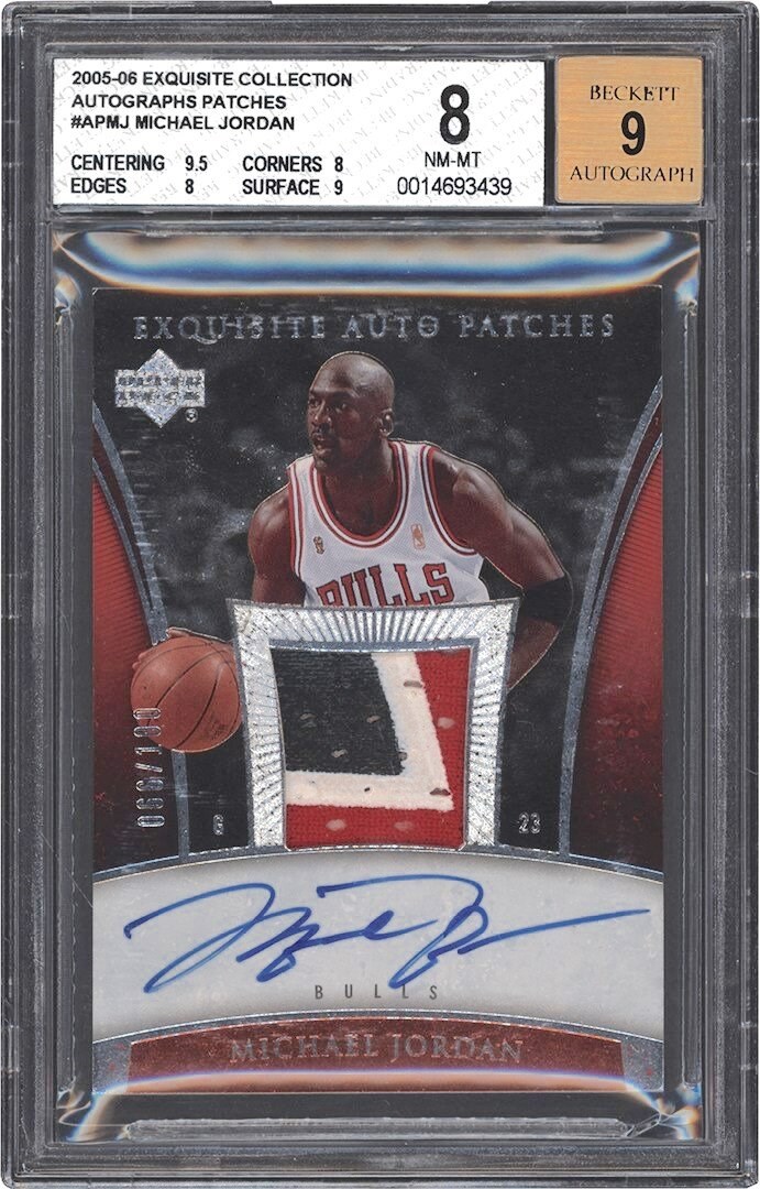 Modern Sports Cards - 005-2006 Exquisite Collection Basketball Autograph Patches #AP-MJ Michael Jordan Game Used Patch Autograph Card #66/100 BGS NM-MT 8 - Auto 9