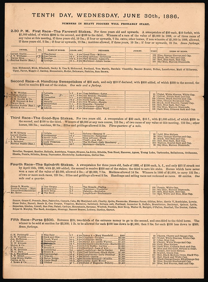 1886 Racehorse Tremont Race Program