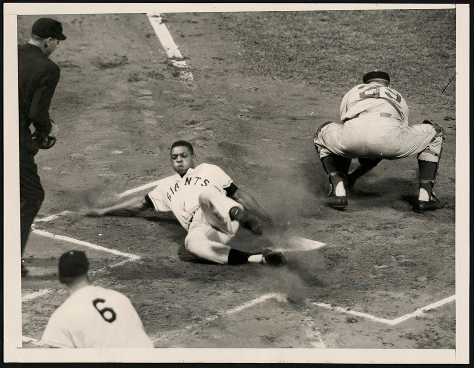 Vintage Sports Photographs - 1957 Willie Mays Sliding Into Home Original Photograph