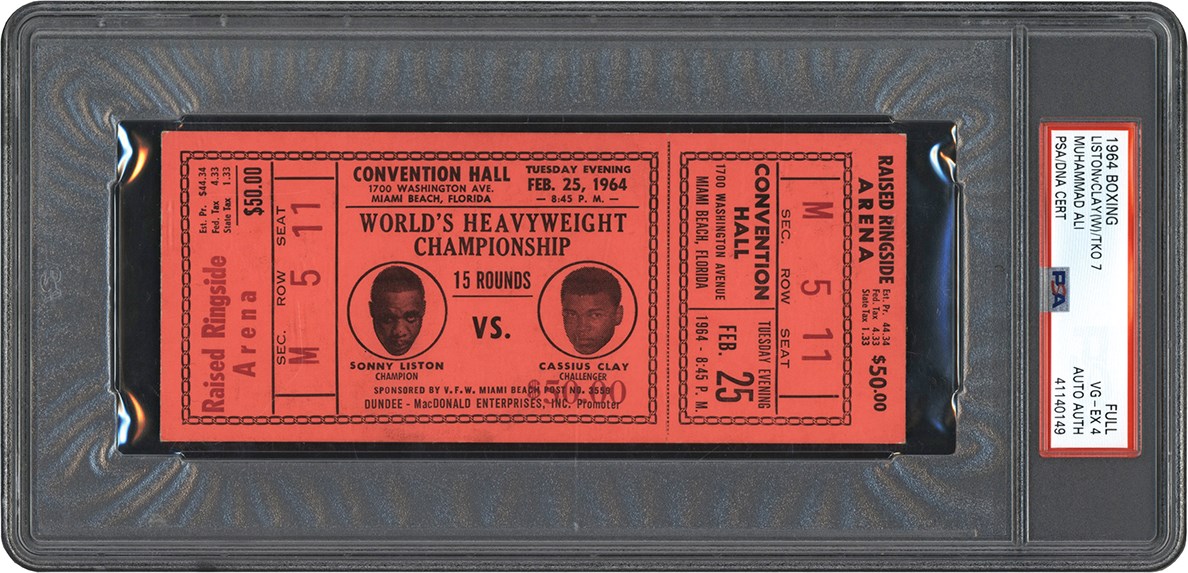 Muhammad Ali & Boxing - 964 Cassius Clay vs. Sonny Liston I Full Ticket - Signed Muhammad Ali aka Cassius Clay PSA VG-EX 4 (Only Known Example!)