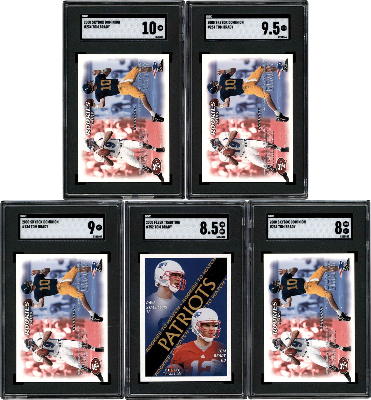 - 2000 SkyBox Dominion & Fleer Tradition Tom Brady Rookie Card Collection (5) All SGC