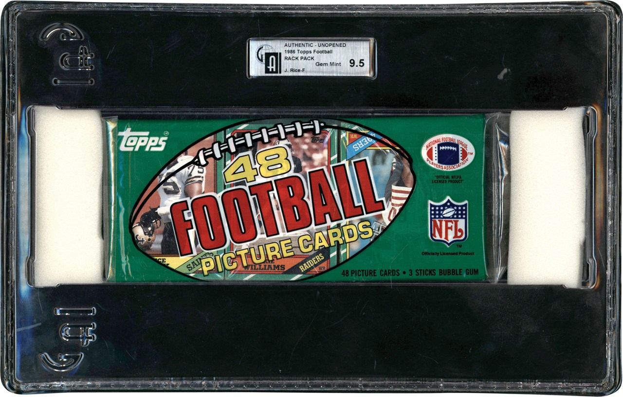 - 1986 Topps Football Rack Pack with Jerry Rice Rookie On Top GAI Gem Mint 9.5