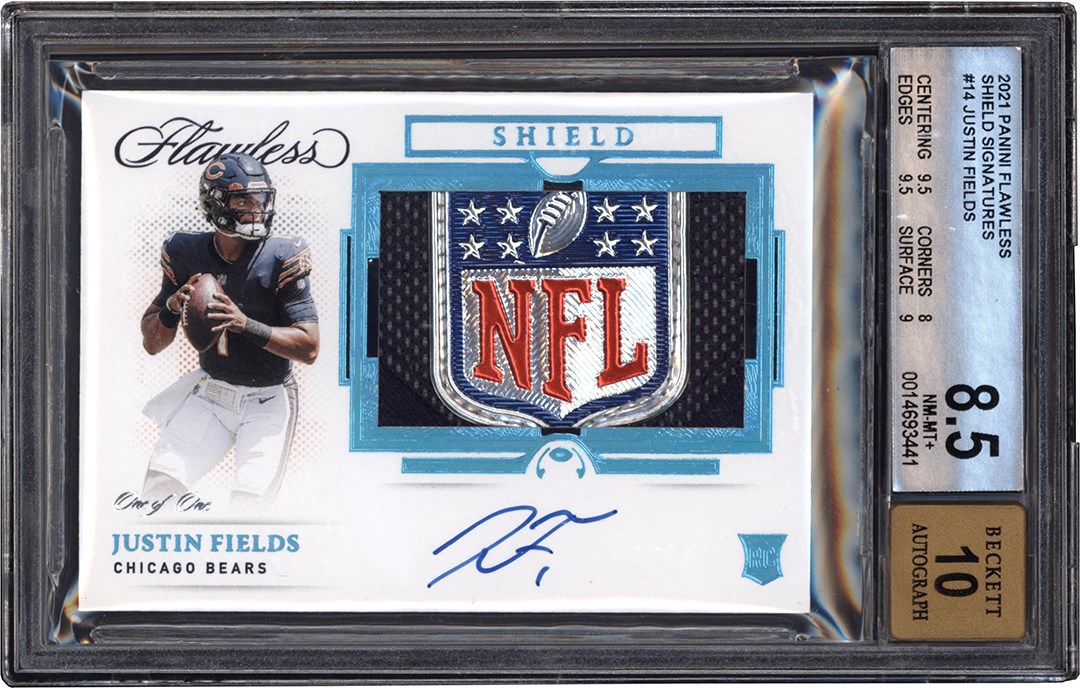 Football Cards - 021 Flawless Football #LLS-JF Justin Fields NFL Logo Shield Patch Autograph Rookie #1/1 Card BGS NM-MT+ 8.5 Auto 10