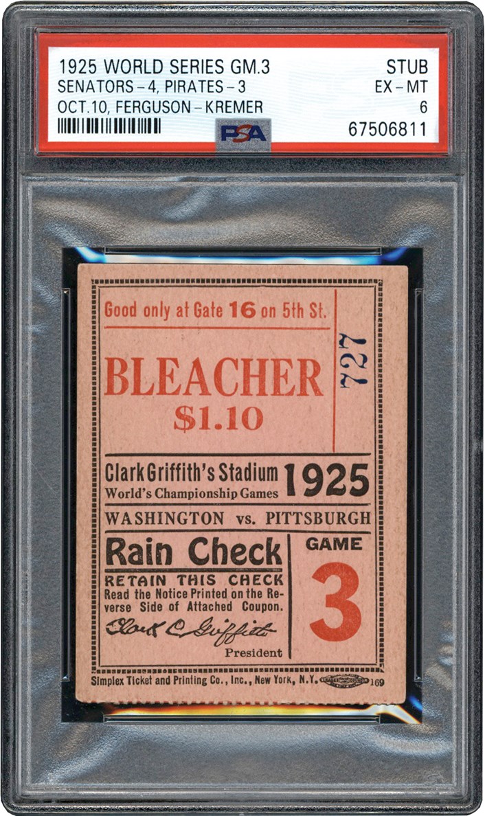 - 1925 World Series Game 3 Ticket Stub PSA EX-MT 6 (Pop 1 of 1 Highest Graded)