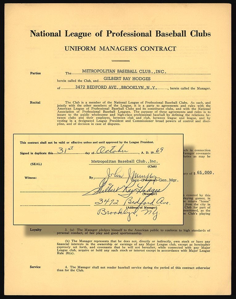- 1970 Gilbert Ray Hodges New York Mets Managerial Contract (PSA)