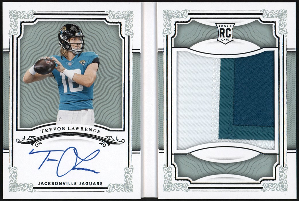 - 2021 National Treasures Football Rookie First Edition Signatures #RFE-TL Trevor Lawrence Rookie Patch Autograph Card #73/99
