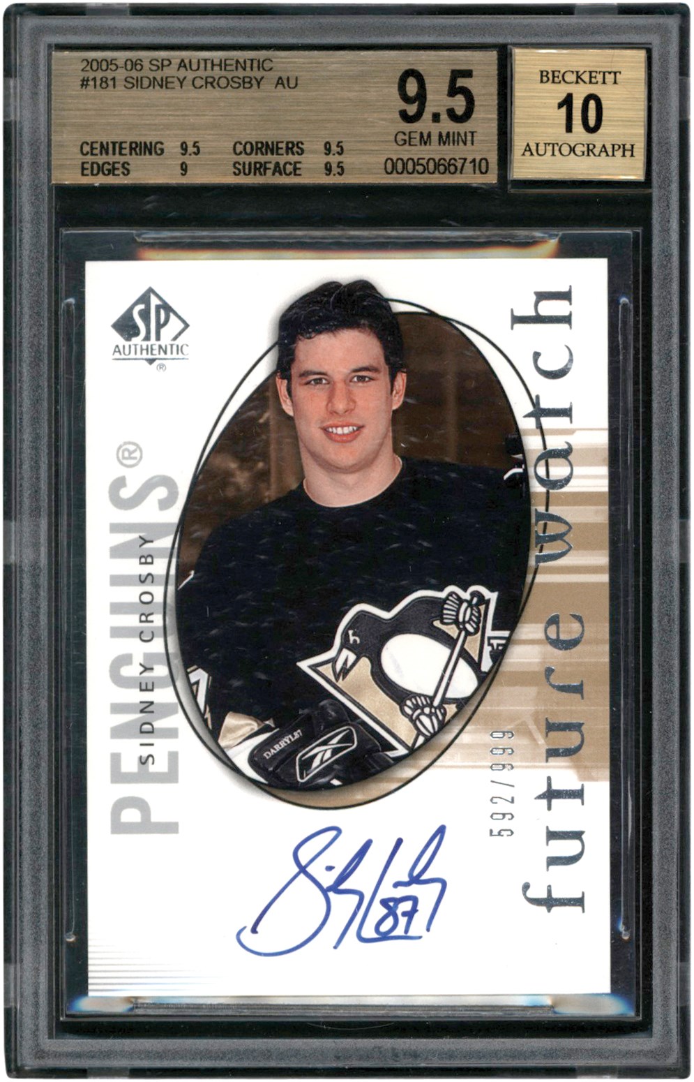 Hockey Cards - 2005-2006 SP Authentic Hockey #181 Sidney Crosby Rookie Autograph Card #592/999 BGS GEM MINT 9.5 Auto 10