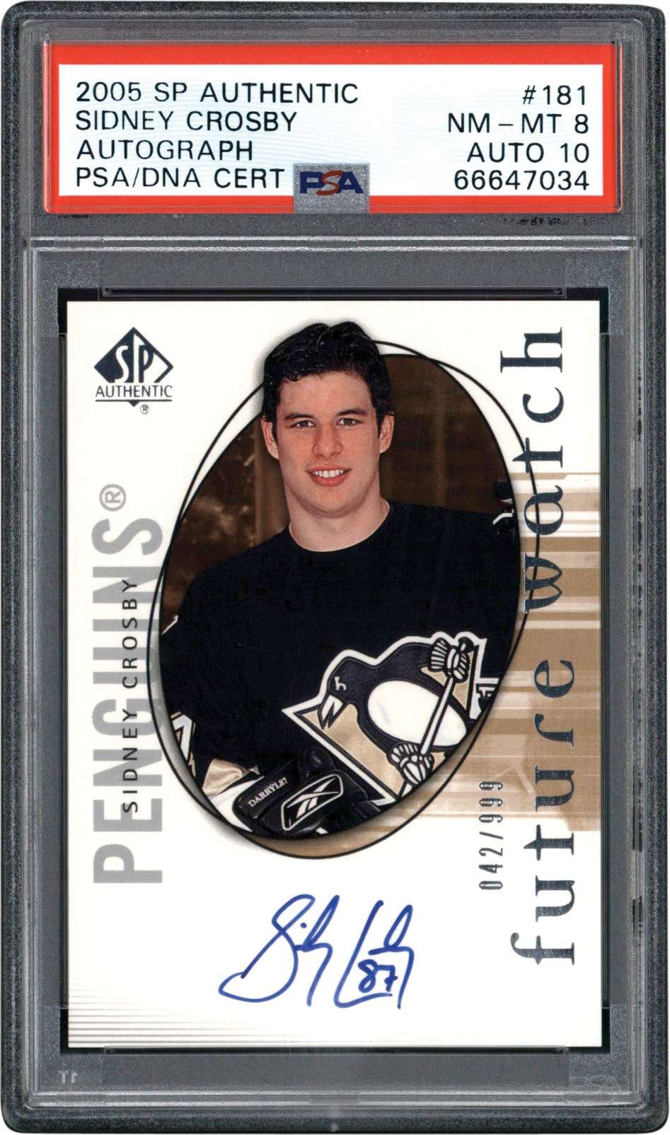 - 2005-2006 SP Authentic Hockey #181 Sidney Crosby Rookie Autograph Card #42/999 PSA NM-MT 8 Auto 10