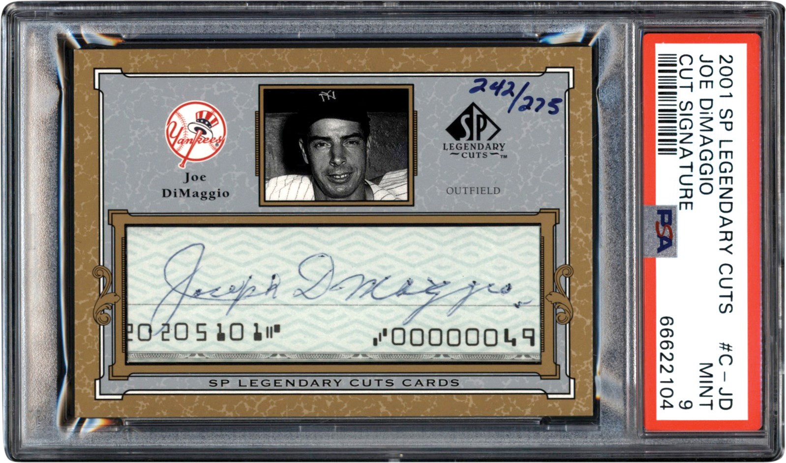 - 2001 SP Legendary Cuts Baseball #C-JD Joe DiMaggio Cut Autograph Card #242/275 PSA MINT 9