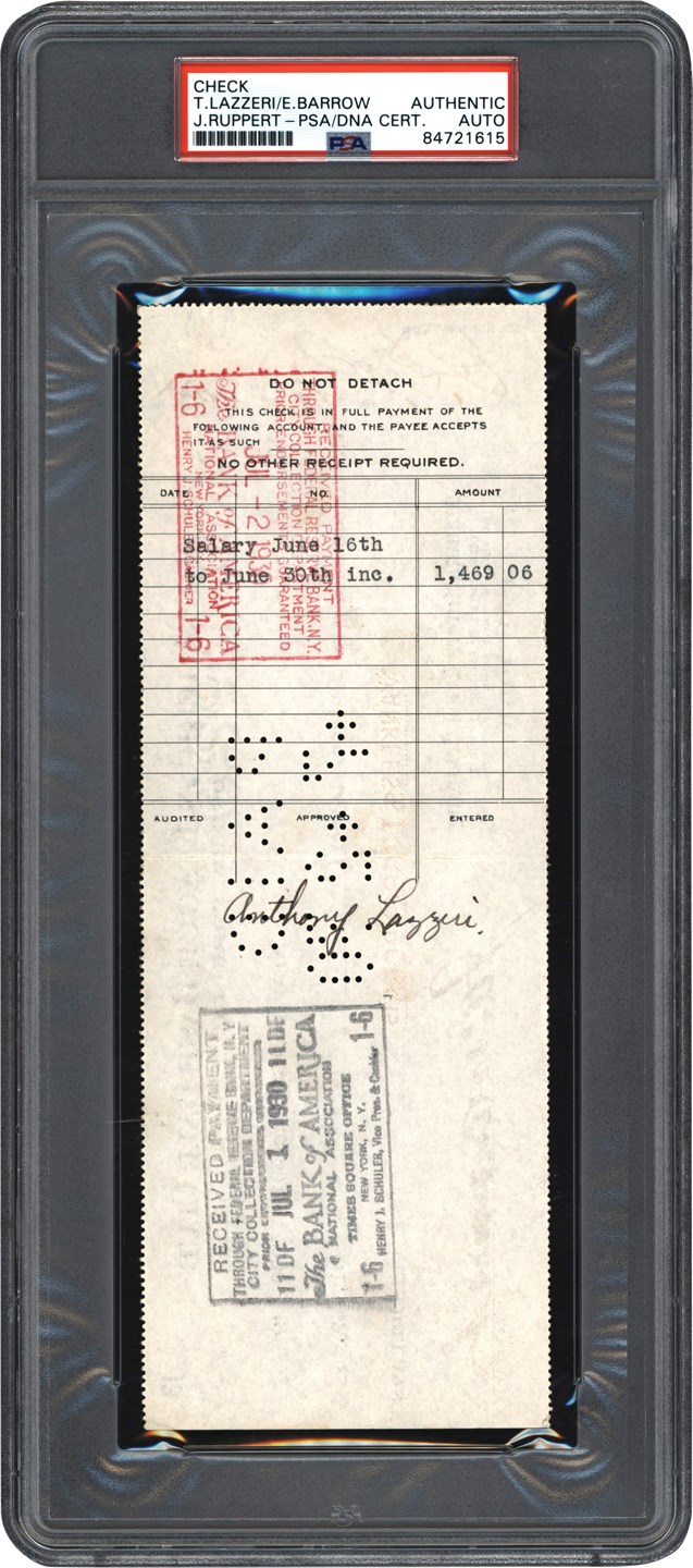 - 1930 Tony Lazzeri Signed New York Yankees Payroll Check (PSA)