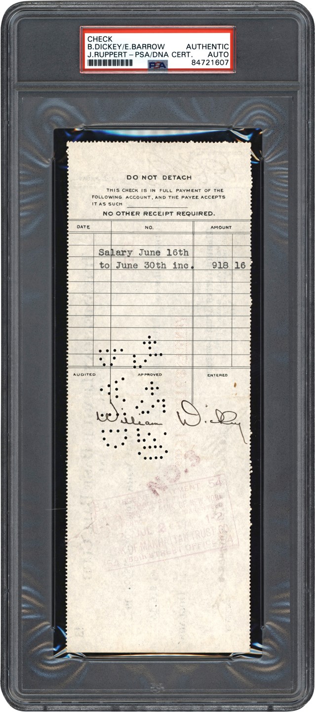- 1930 William (Bill) Dickey Signed New York Yankees Payroll Check (PSA)