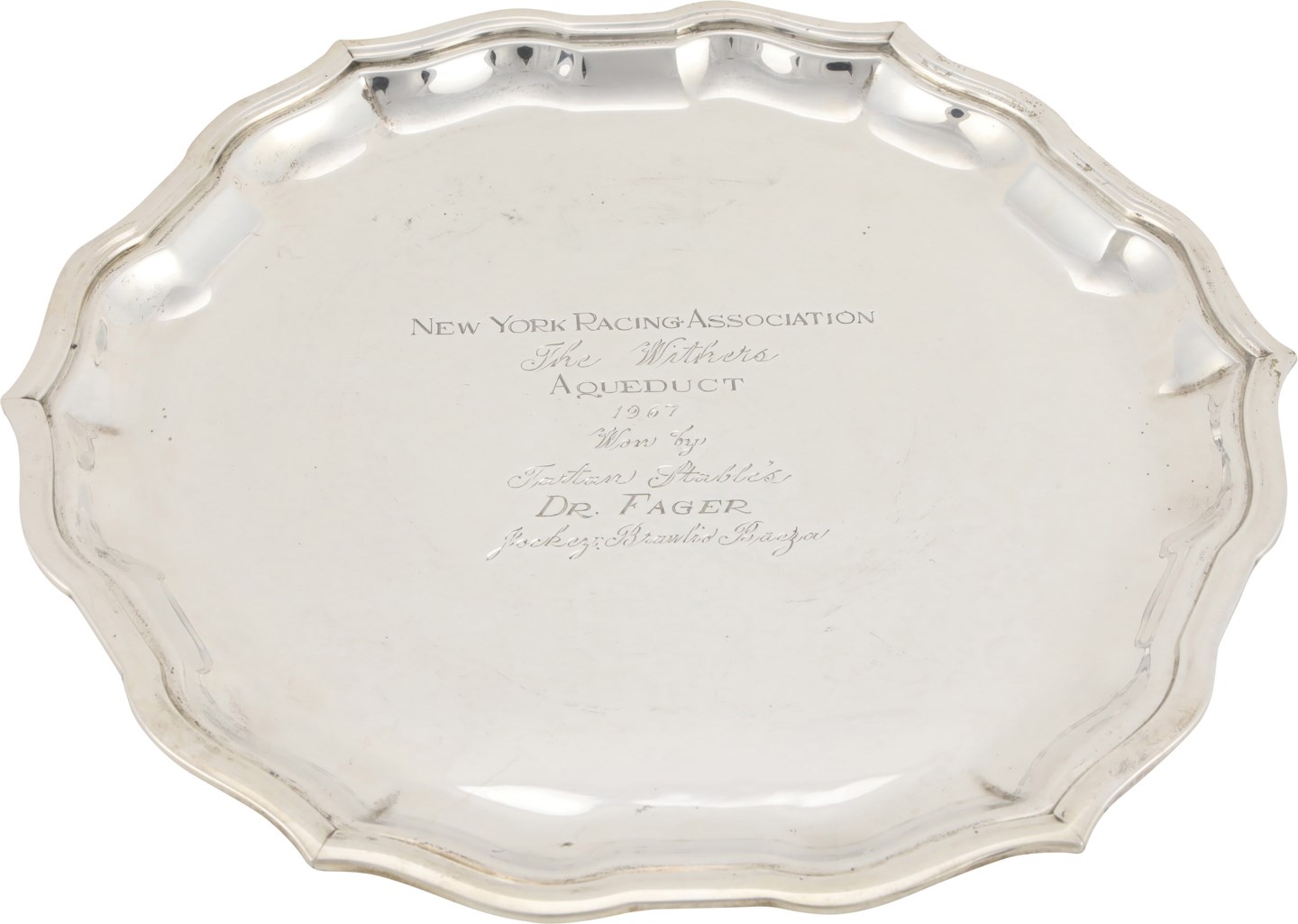 Horse Racing - 1967 Dr. Fager "Withers Stakes" Sterling Silver Winner's Tray