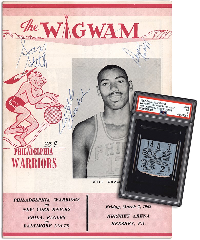 Tickets, Publications & Pins - 962 Wilt Chamberlain 100 Point Game Signed Program and PSA 3 Ticket Stub