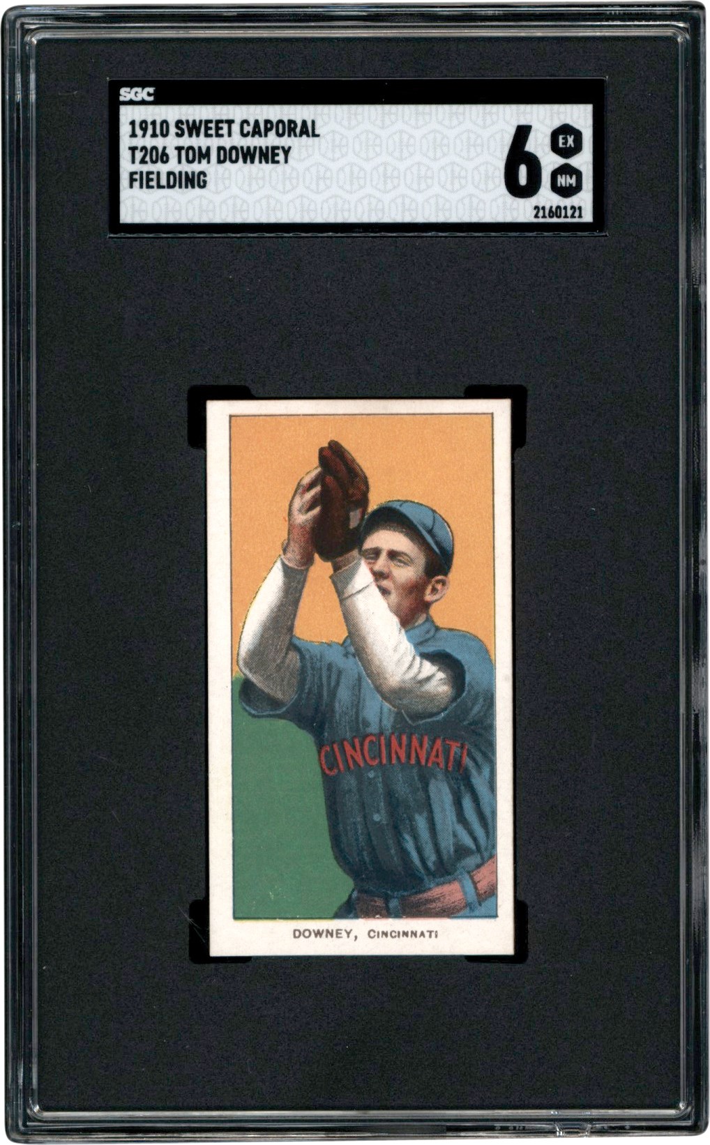 - 909-1911 T206 Tom Downey Fielding Sweet Caporal Back Card SGC EX-MT 6