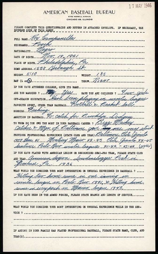 - 1946 Roy Campanella Signed Handwritten Baseball Questionnaire - First Season in Organized Baseball (PSA)