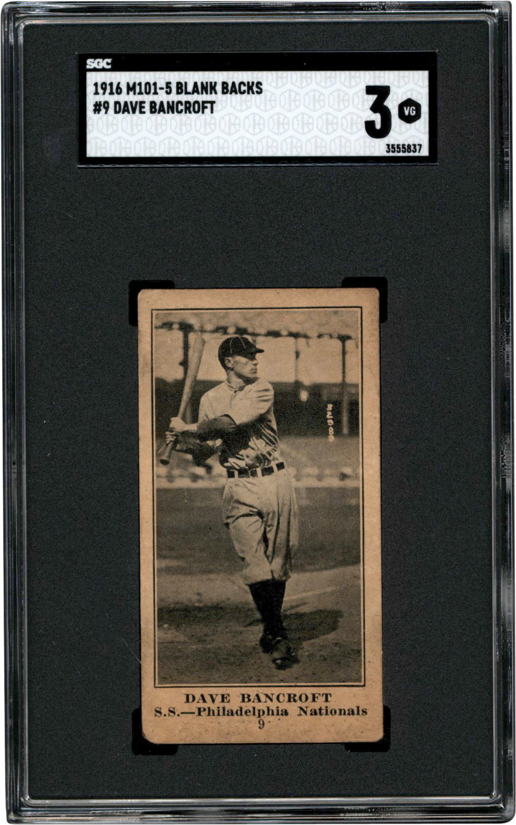 - 1916 M101-5  #9 Dave Bancroft Rookie Card SGC VG 3