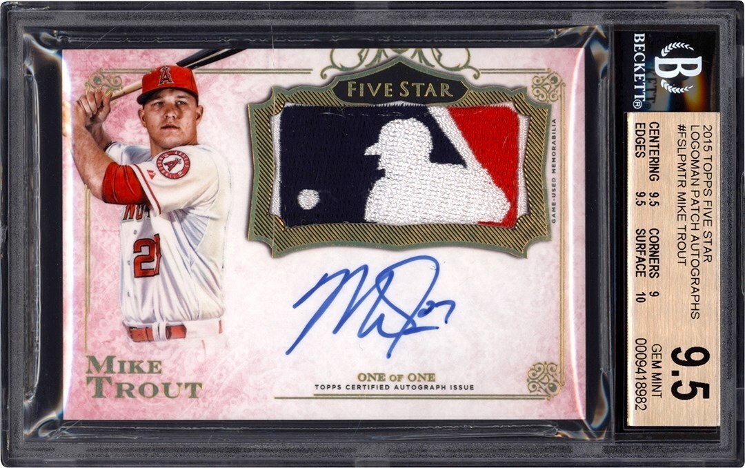 Baseball and Trading Cards - 015 Topps Five Star Baseball Game Used Logoman Patch Autograph #FSLPMTR Mike Trout Card #1/1 BGS GEM MINT 9.5