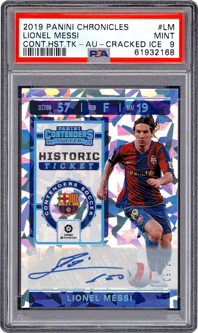 - 019 Panini Chronicles Contenders Soccer Historic Ticket Cracked Ice #LM Lionel Messi Autograph Card #9/23 PSA MINT 9