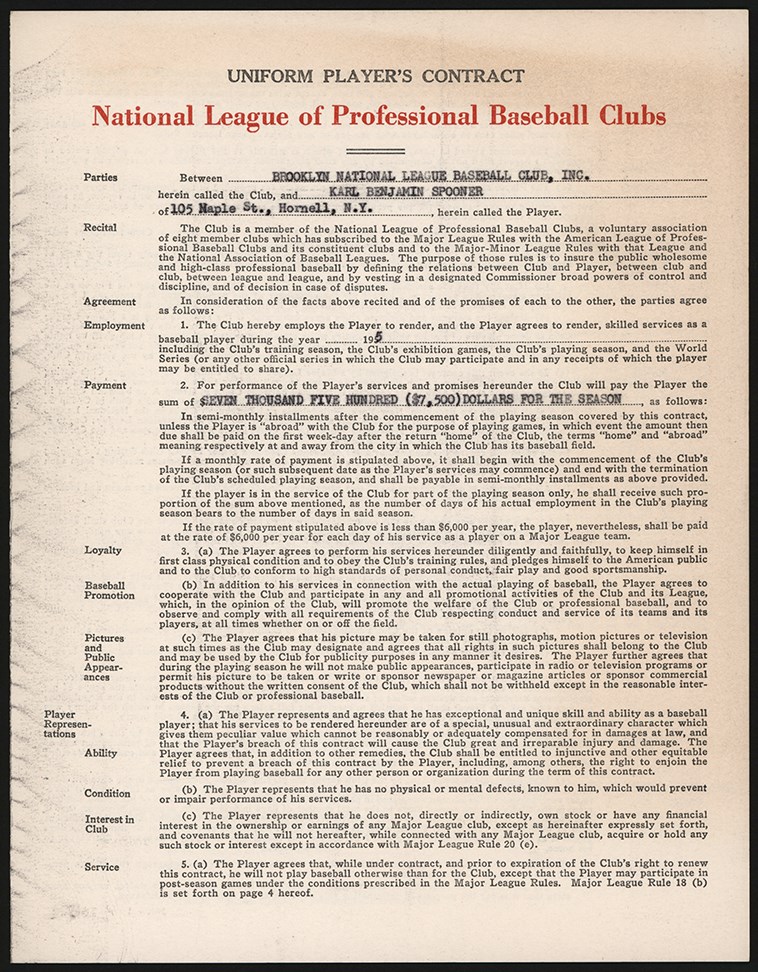 - 1955 Karl Spooner Brooklyn Dodgers Contract - World Championship Season (PSA)