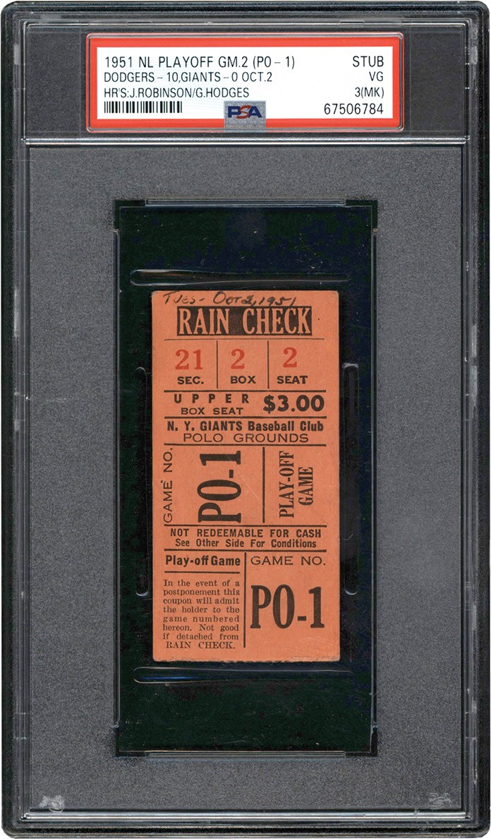 - 1951 National League Playoff Game 2 Ticket Stub - Dodgers vs. Giants PSA 3 MK (Pop 1 of 1)