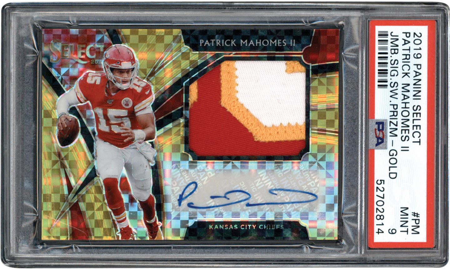- 2019 Panini Select Football Prizm Jumbo Signatures Gold #PM Patrick Mahomes Autograph Patch Card #1/5 PSA MT 9 (Pop 1 of 2 Highest Graded)